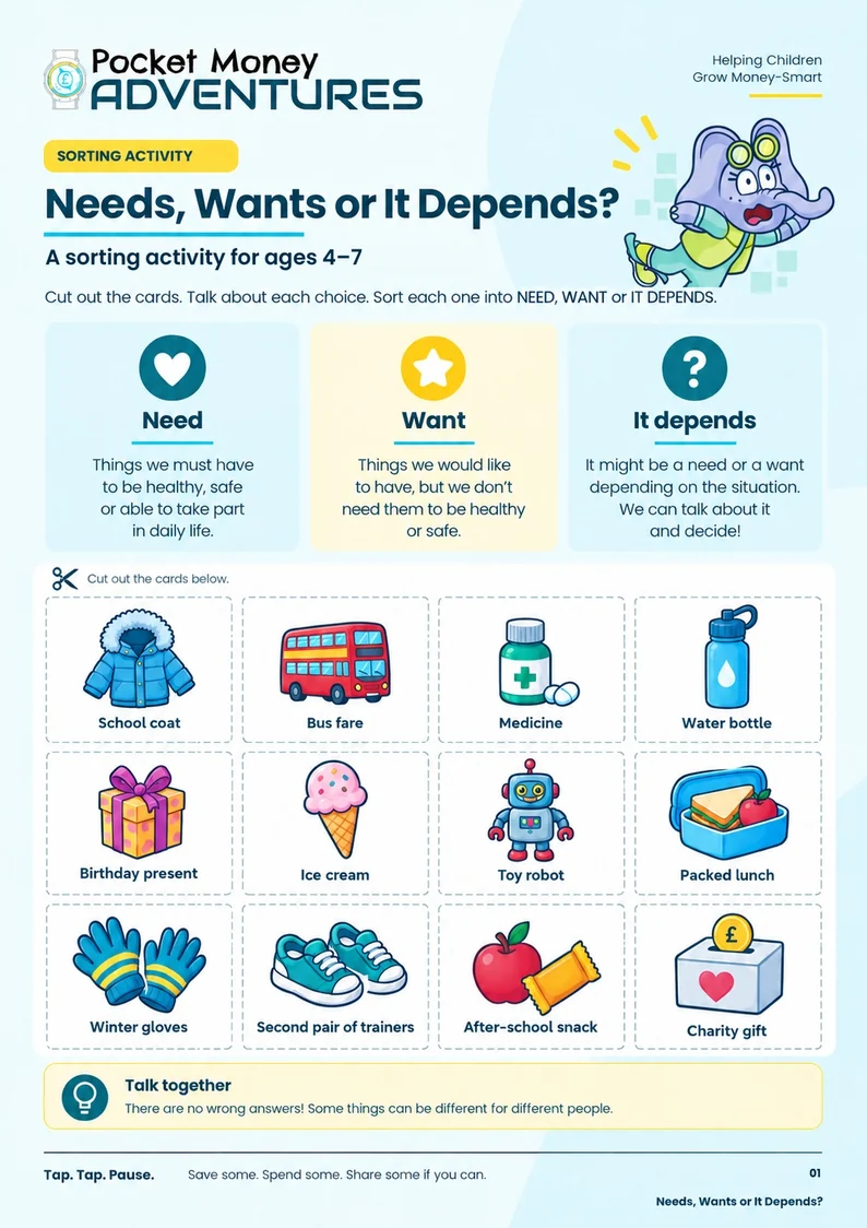 Preview of the full-colour Needs, Wants or It Depends activity pack for ages 4 to 7